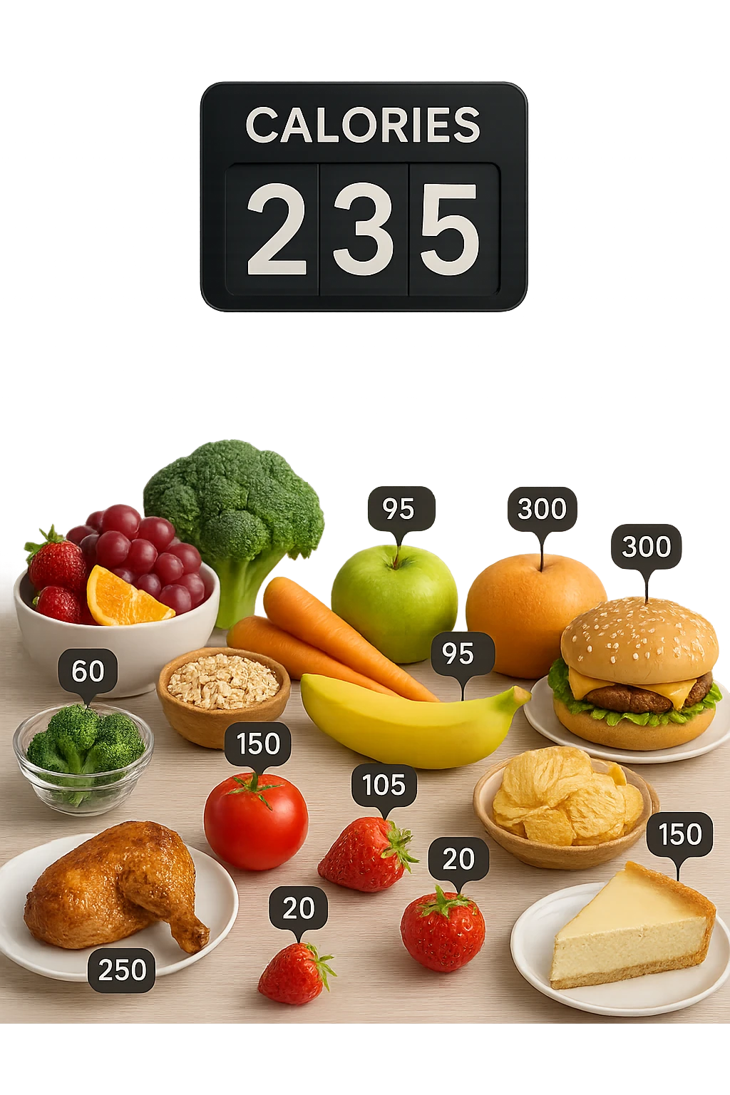 a digital calorie counter hovers above a variety of foods arranged on a table—fruits, vegetables, grains, meats, and desserts. Each food has a floating label showing its calorie content. The background is clean and modern, emphasizing the educational aspect of calorie awareness. emoji