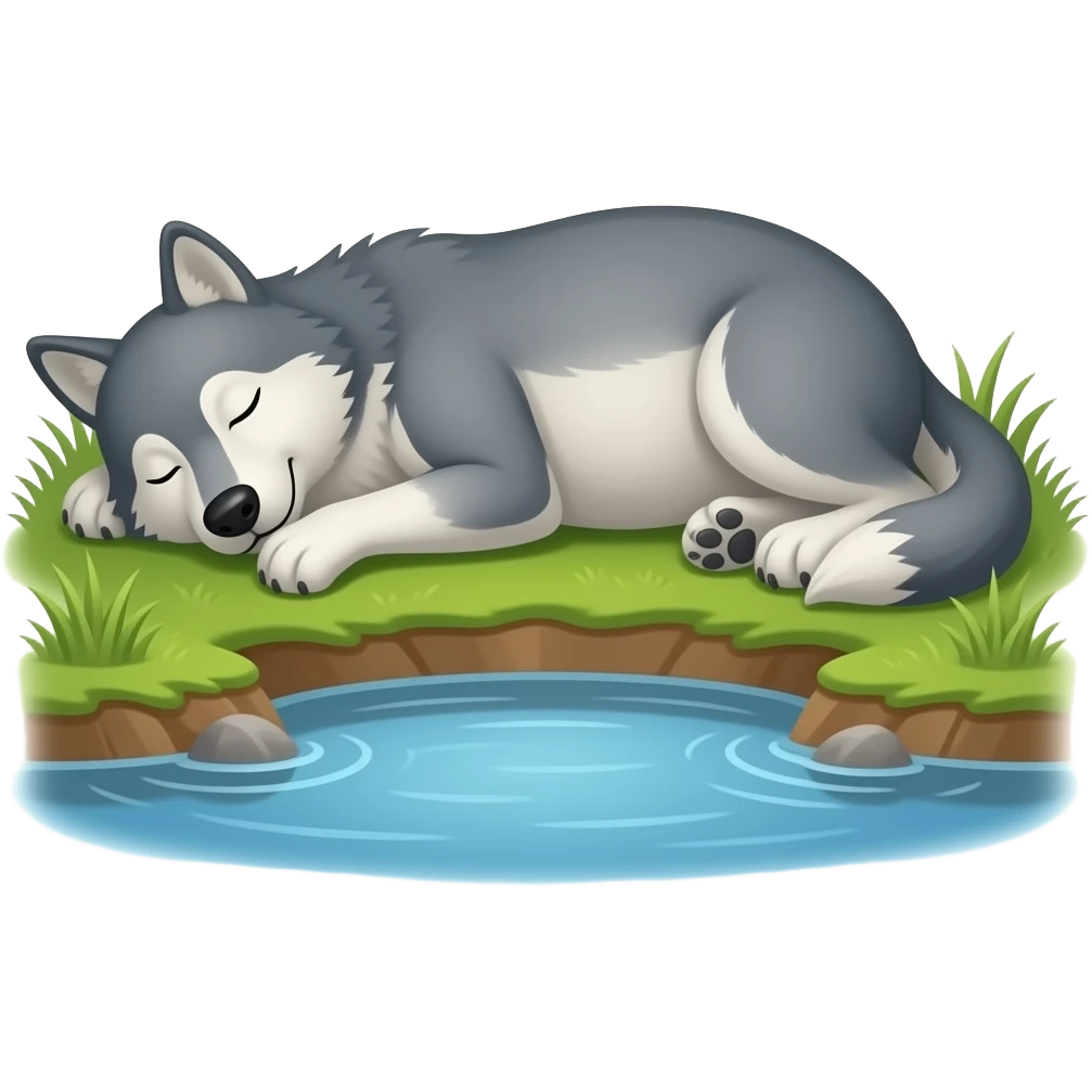 Hazme un lobo al lado del lago. El lobo tiene que tener mucha barriga y estar durmiendo. emoji