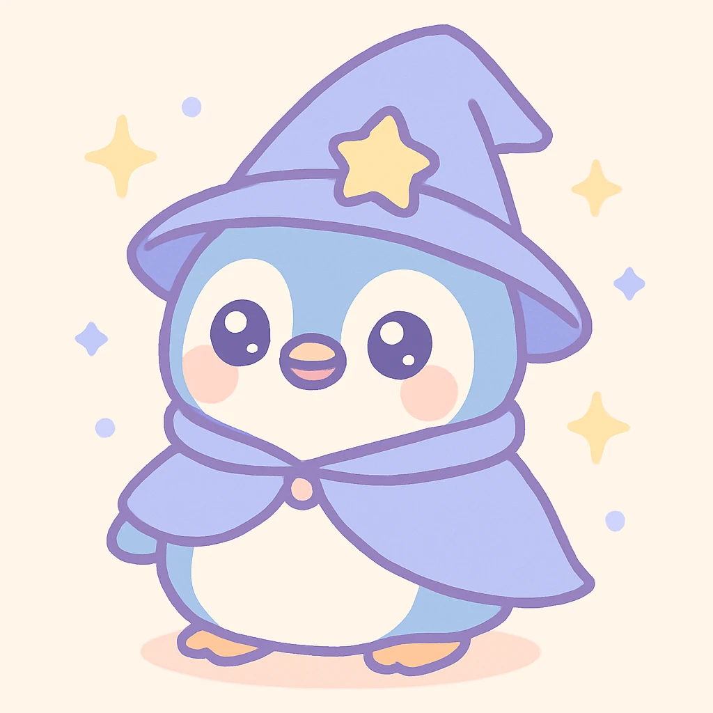 chubby penguin with a wizard hat and cloak, surrounded by sparkles, soft rounded illustration style, cute kawaii style emoji
