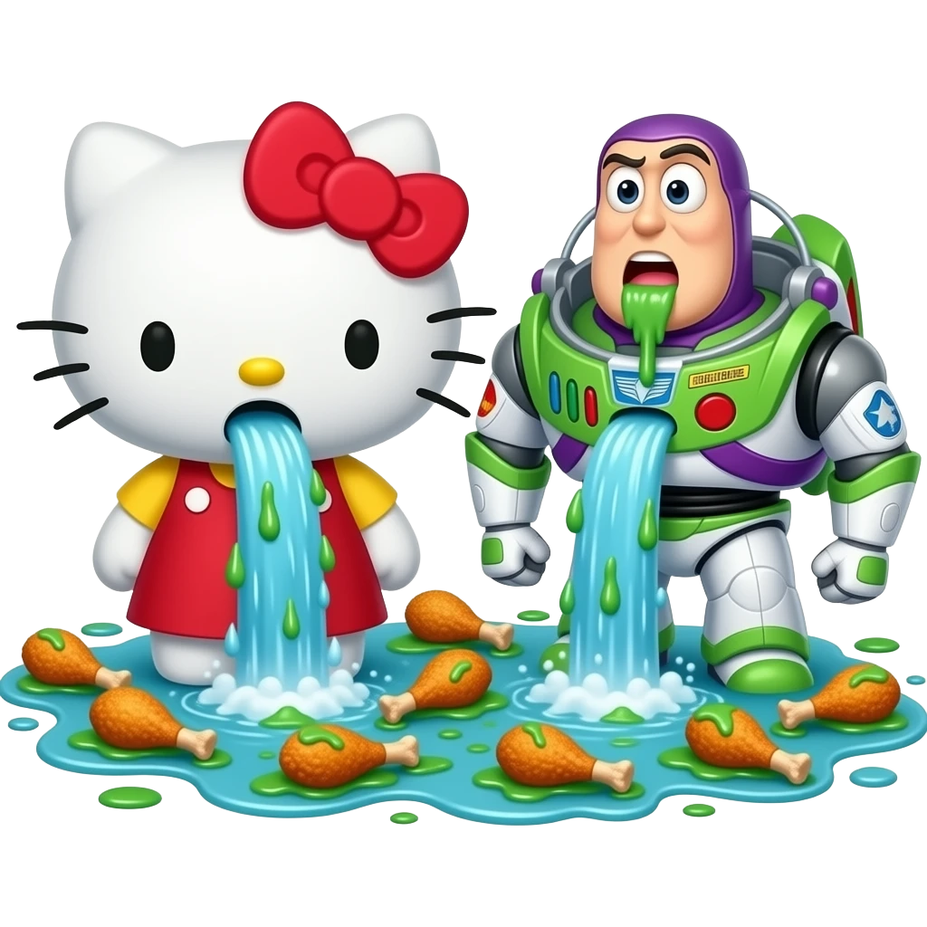 green and white, throwing up, Hello Kitty and Buzz throwing up together, a lot, covering the ground in vomit, Niagara Falls coming out of her mouth, with bits of food in it, fried chicken drumsticks emoji
