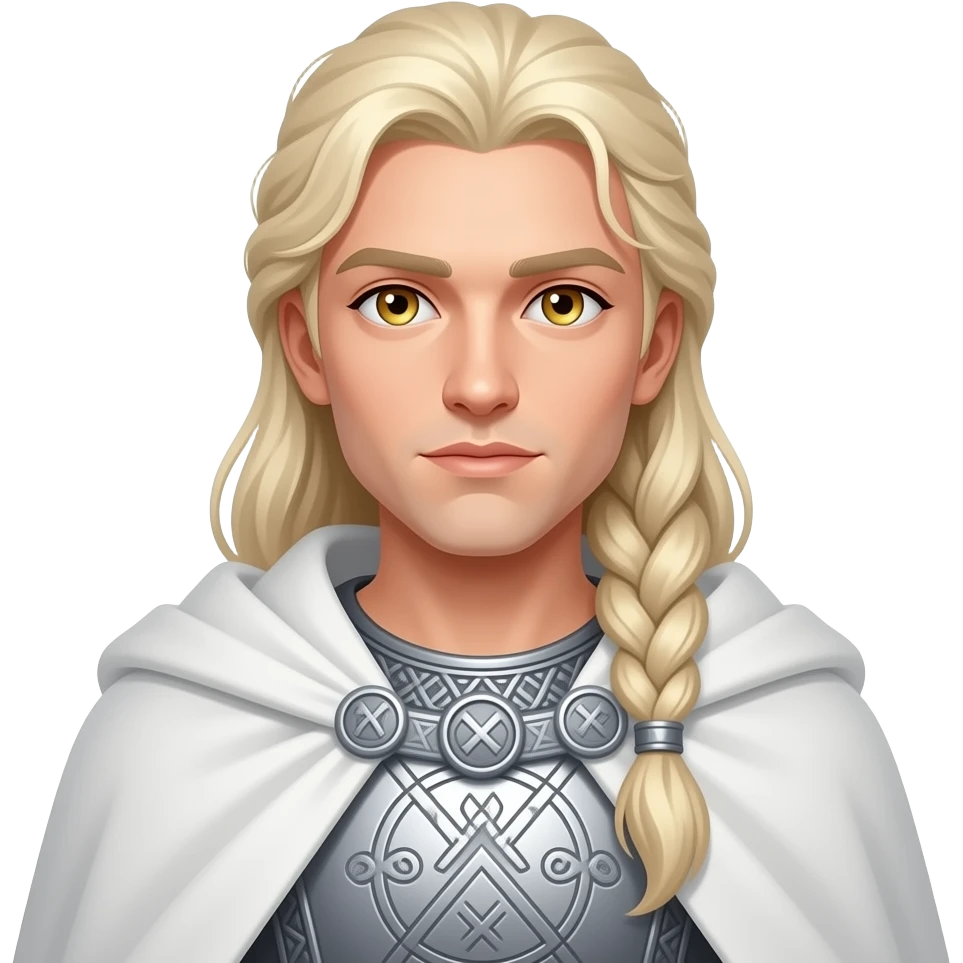 Baldr from Norse Mythology with gold eyes, long white blonde braided ponytail hair, silver tunic, white cloak emoji