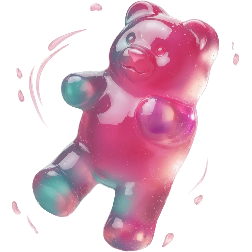 hyper-realistic 3D rendering of a translucent, glistening pink teal gummy bear mid-bounce, its plump body captured in dynamic motion as if frozen in time. The candy's surface refracts light like real gelatin, with sticky highlights gleaming along its curved edges and subtle sugar granules  emoji