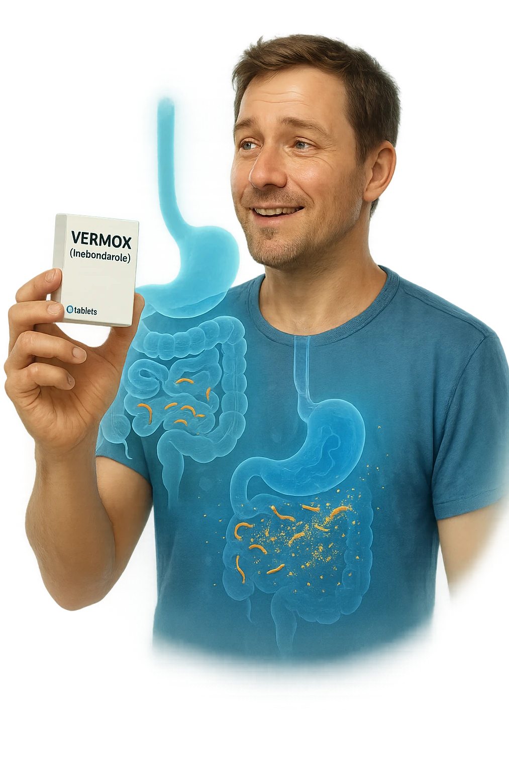 A realistic, cinematic illustration of a man in his late 30s holding a small white box of ‘Vermox’ (mebendazole) in one hand, with a relieved and hopeful expression on his face. Behind him, a semi-transparent overlay shows his digestive tract where small, symbolic worm-like parasites are dissolving and disappearing, indicating the medication’s effect. The environment is clean and bright, with a medical yet hopeful tone, conveying the concept of effective parasite removal. Subtle blue and green tones symbolize cleansing and health restoration, while the man appears energized and ready to reclaim his well-being emoji