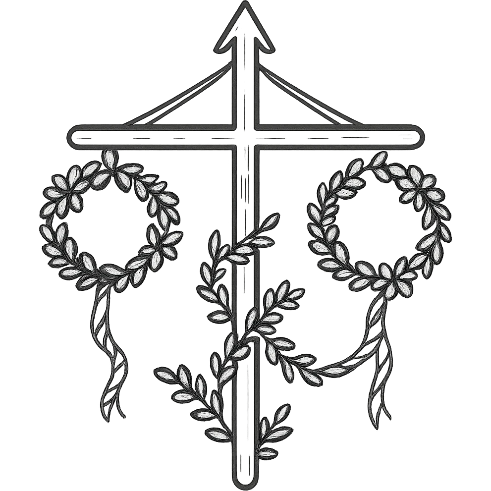 Add traditional Swedish details to the midsommarstång: a wooden crossbar, two large floral wreaths at the ends, blue and yellow ribbons spiraling around the pole, and a leafy garland in a U-shape between the wreaths, maintaining the hand-drawn black outlined style. emoji