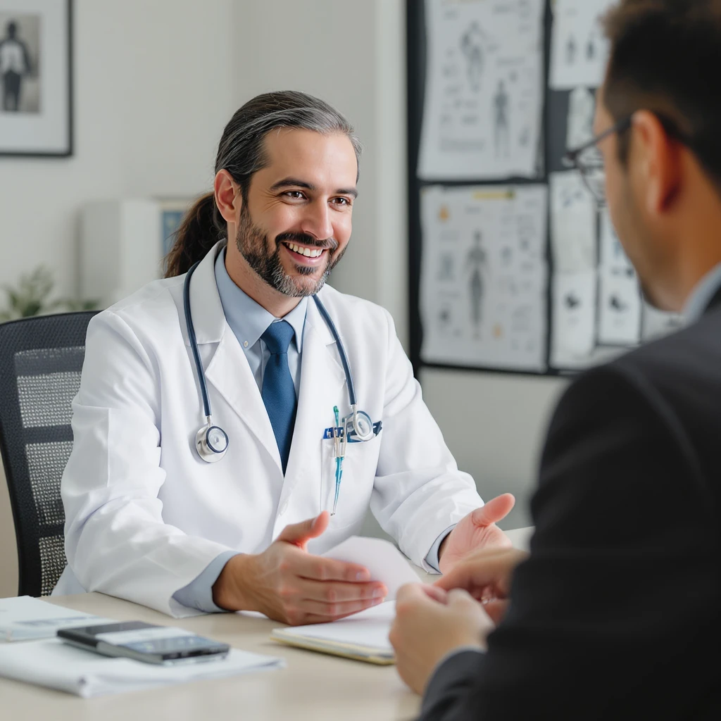 vertical scene in a professional medical office, a doctor suggesting orthotic insoles to a client with poor posture, including symbols of exercises and other specialists to communicate a holistic approach, professional illustrative style emoji