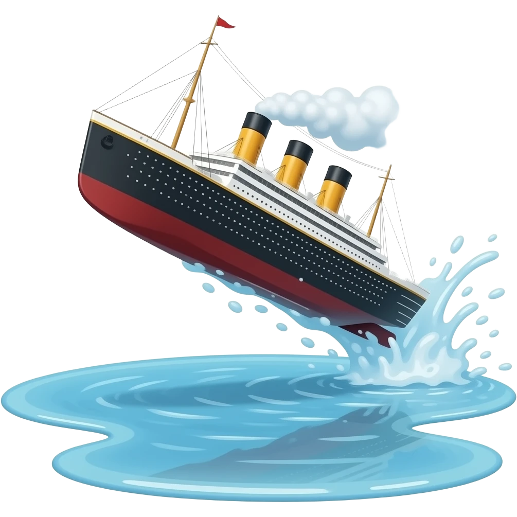 Titanic flies over a shallow puddle of water emoji
