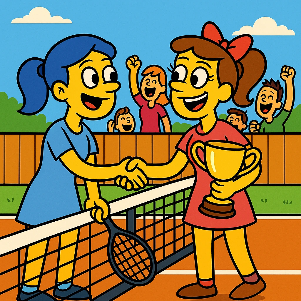  2 female tennis players standing on tennis courte. Congratulating each other shaking hands and smiling, one of them is holding a cup for winning. At the background the spectators cheering emoji