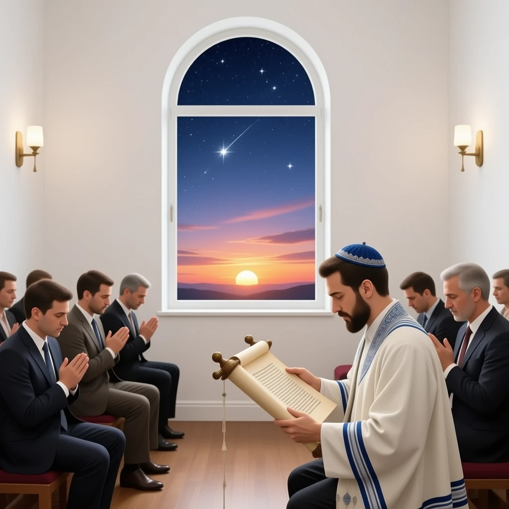 "Realistic scene of a Jewish Shabbat, Torah reading ceremony inside a synagogue. Jewish people praying and reading the Torah scroll. In the background window, a symbolic transition showing Friday sunset merging with a starry Saturday night sky. Photorealistic, highly detailed, no text." emoji