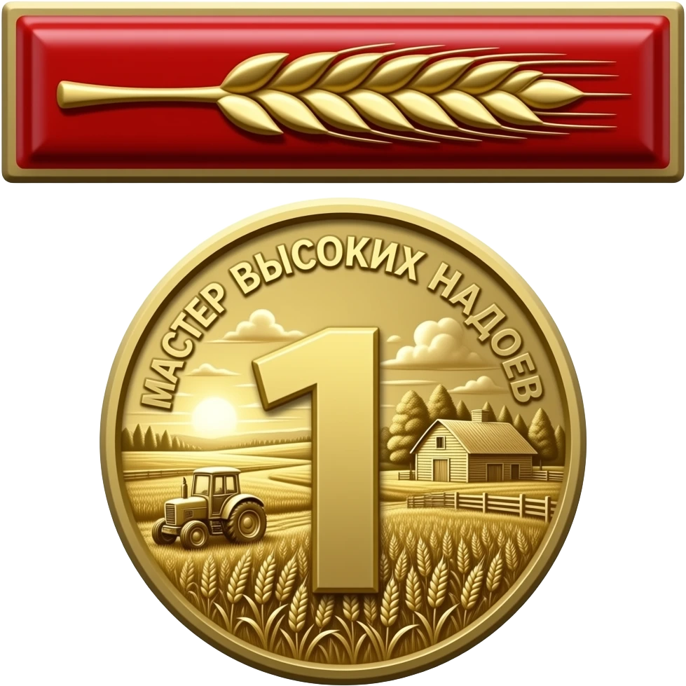 Top rectangular red enamel bar with one central golden wheat ear. Lower round golden token surface is engraved with a detailed landscape of wheat fields, tractor, and barn. Crucially, the foreground of this landscape is dominated, bold golden numeral '1' and Russian text: 'МАСТЕР ВЫСОКИХ НАДОЕВ'. emoji