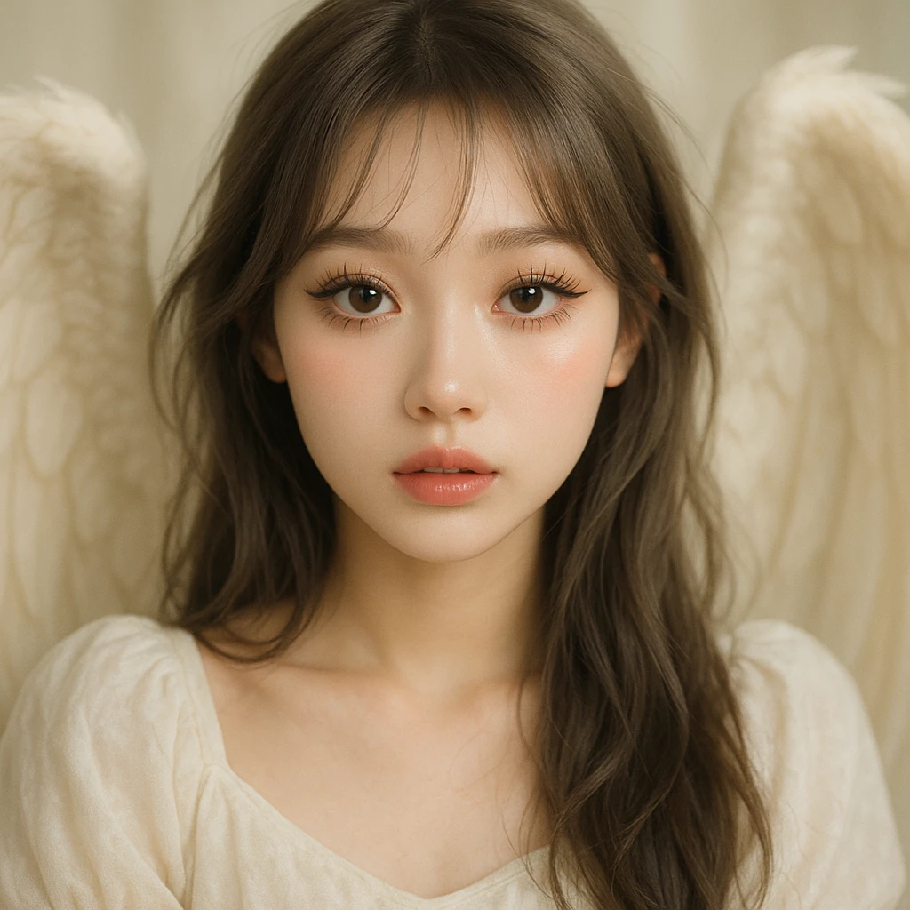 angelic girl with brown grayish hair, big doe eyes, spider eyelashes, douyin Korean makeup, soft lighting, ethereal vibe emoji