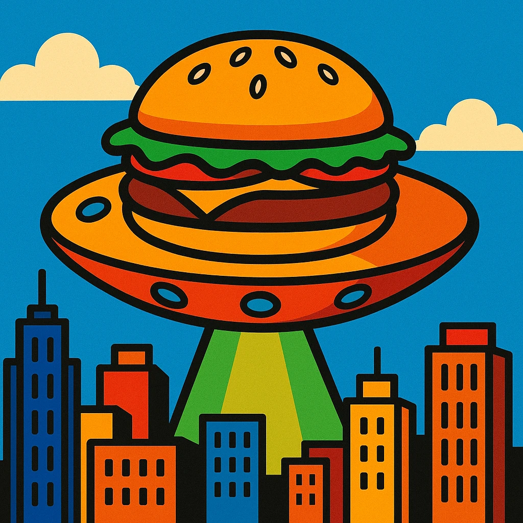 flying saucer that looks like a cheeseburger, with lettuce and tomato details, hovering above a city emoji