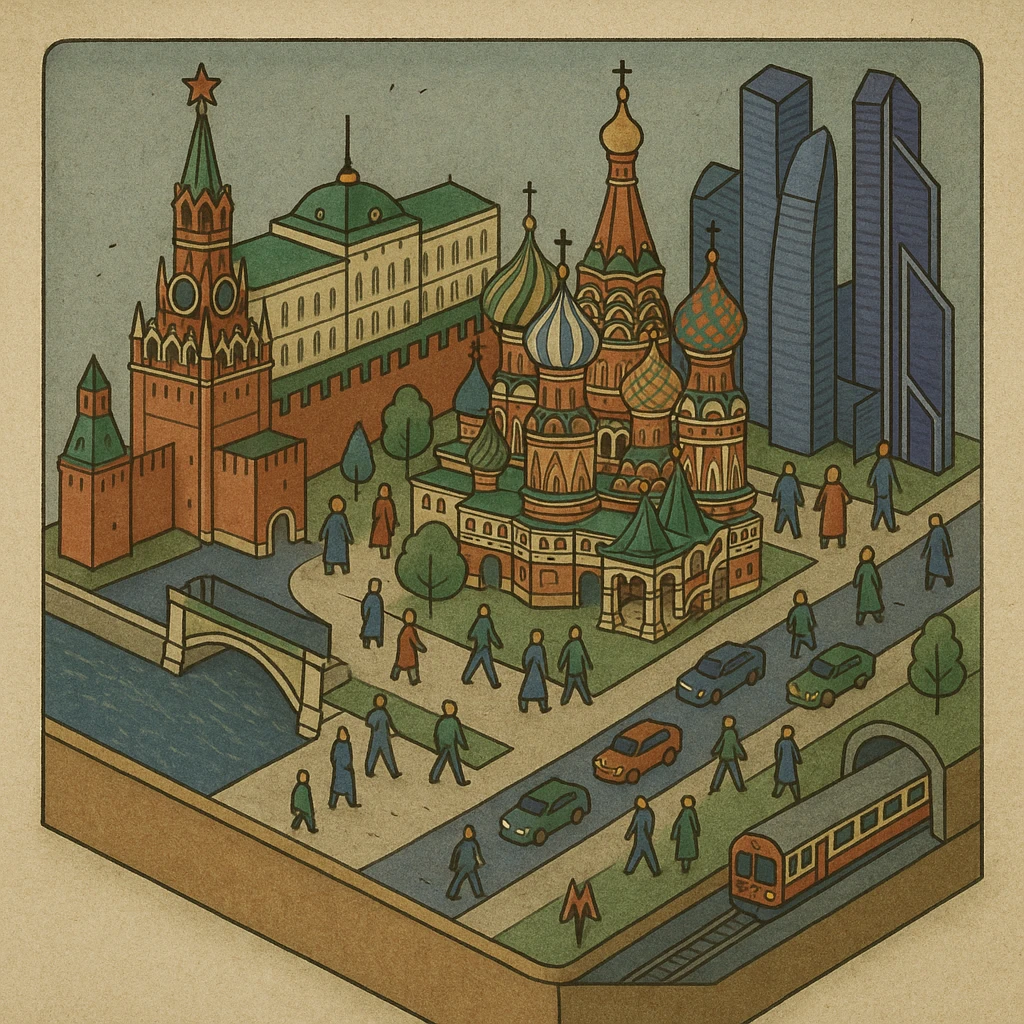 Изометричная миниатюрная 3D модель Москвы на подставке - фотореалистичный Кремль, собор Василия Блаженного, фотореалистичный Башни Москва-Сити, аккуратная детализация, яркие цвета, мультяшный реализм, гуляют люди и современный автотранспорт и метро, компактная композиция, вид сверху в изометрии emoji
