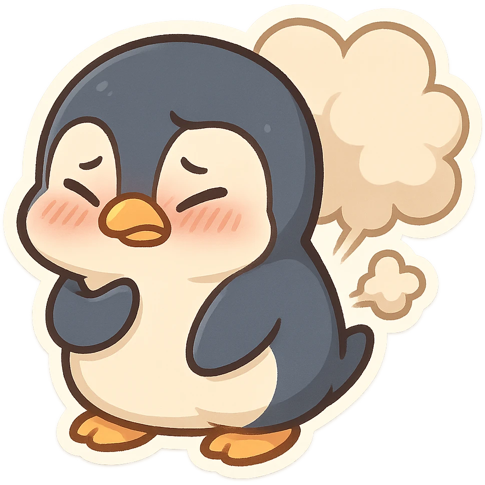cute penguin with big fart cloud behind it looking embarrassed emoji
