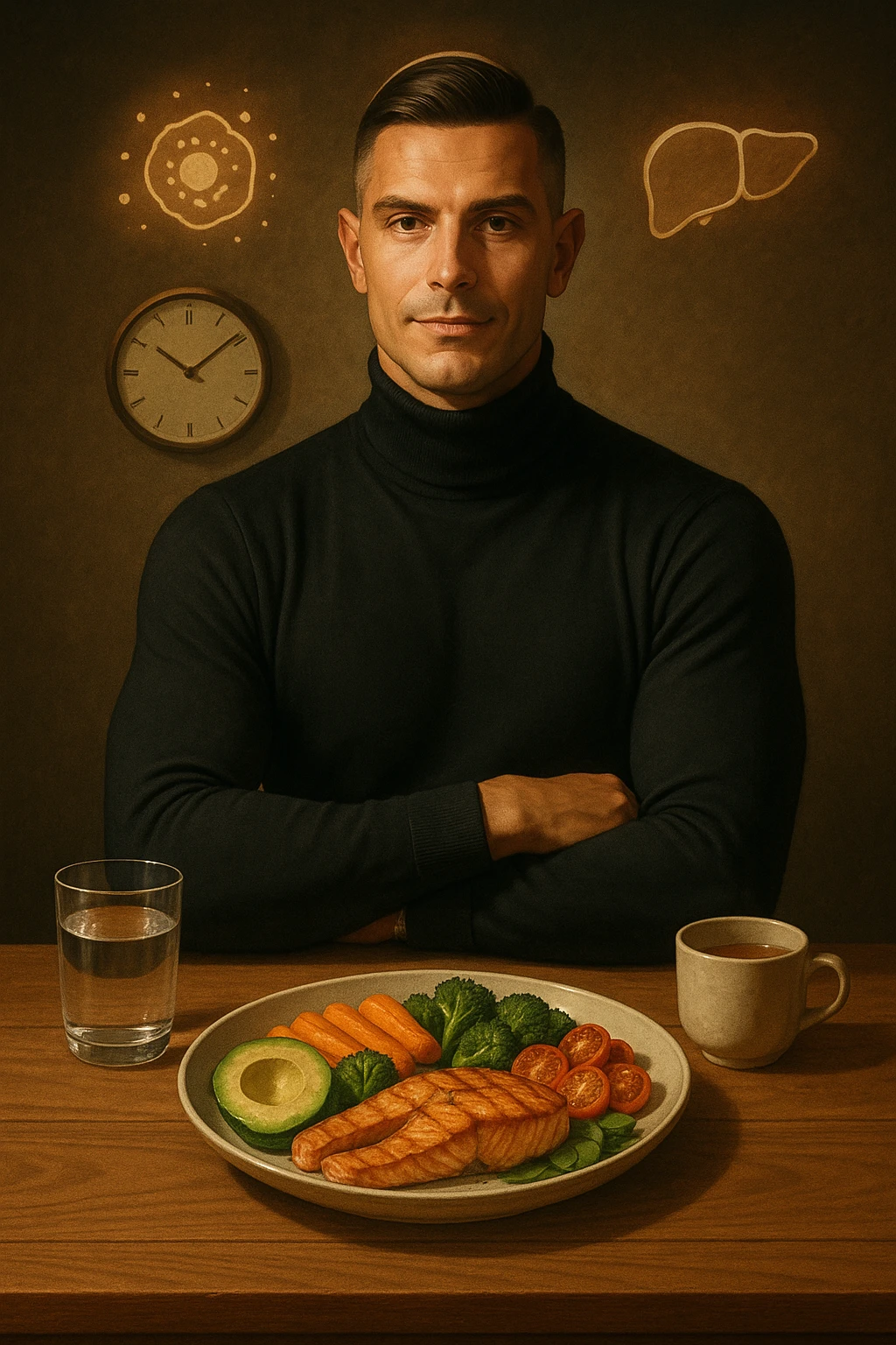A realistic, cinematic illustration of a healthy, fit man in his early 30s with a calm, disciplined expression, sitting at a clean wooden table in the evening with a single, balanced, nutrient-dense meal in front of him (grilled salmon, colorful vegetables, avocado). The rest of the day he drinks only water and herbal tea, visible in a glass and a simple cup on the side. A wall clock in the background shows 6:00 PM, emphasizing that this is his only meal of the day (OMAD). Subtle glowing icons above him display a regenerating cell, mitochondria, and a liver symbol, representing autophagy, longevity, and health benefits of OMAD. The lighting is warm, with cinematic shadows and natural tones, creating a sense of discipline, mental clarity, and health optimization. The man looks centered and content, showing that OMAD is a conscious choice for energy and regeneration, not restrizione. The scene is realistic with slight film grain for depth emoji