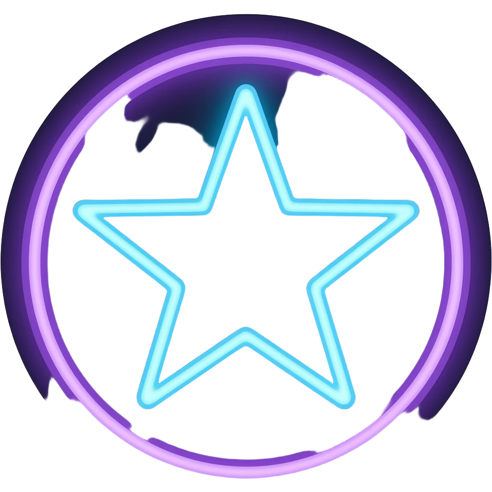 Glowing neon star with blue and purple gradient, cosmic swirl ring, minimal, centered, soft glow, dark background, no text, Discord emoji style emoji