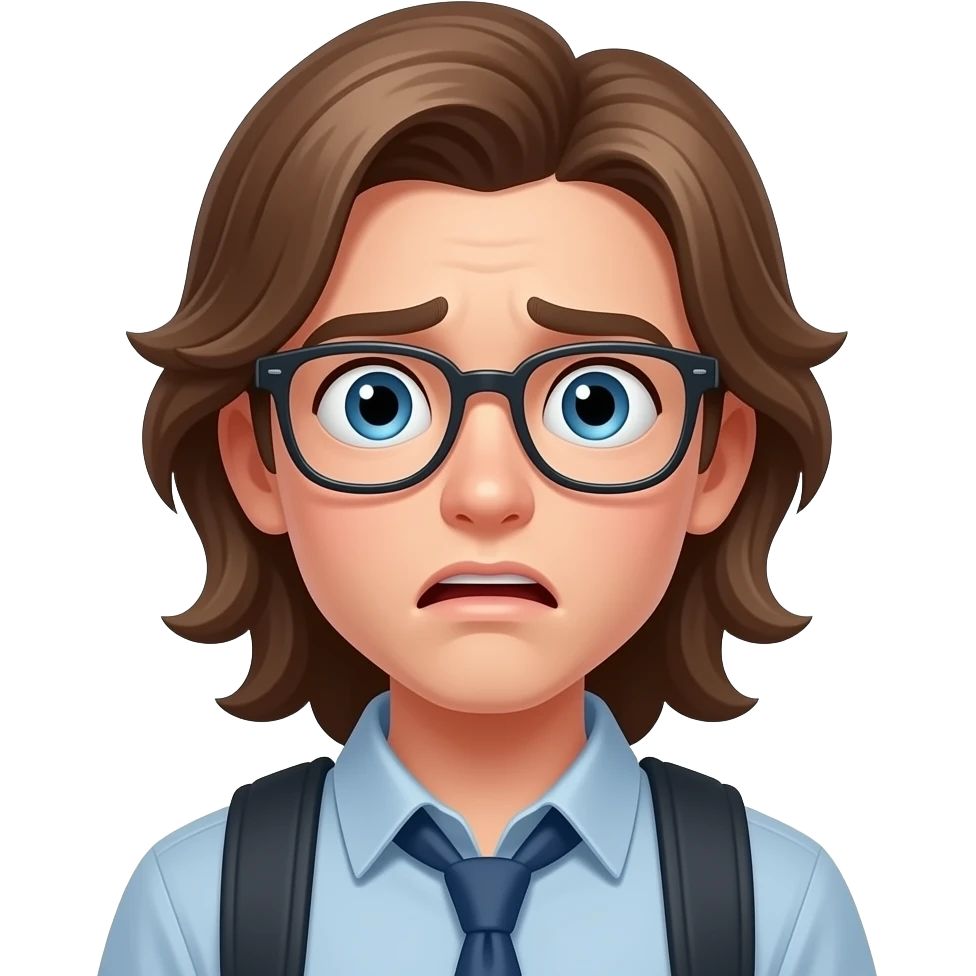 stunned and afraid with long hair but a teen boy  with glasses emoji
