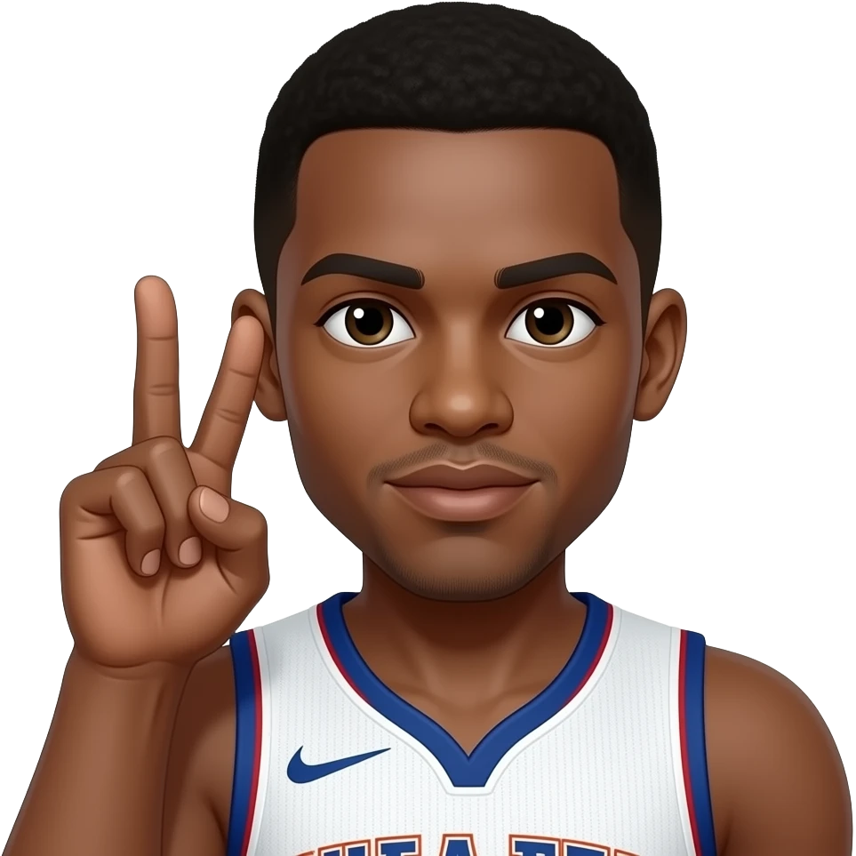 Make the mans skin light brown and a basketball player with his first and second fingers held up to his right ear and his thumb held on his lips like a phone emoji