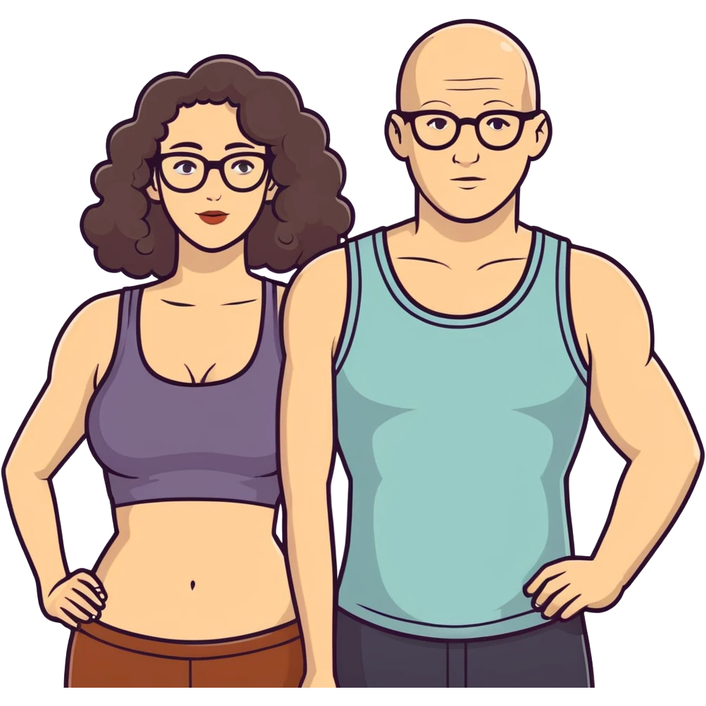 caucasian bald man with glasses and caucasian woman wearing no glasses, long curly dark hair and big boobs and a tank top emoji