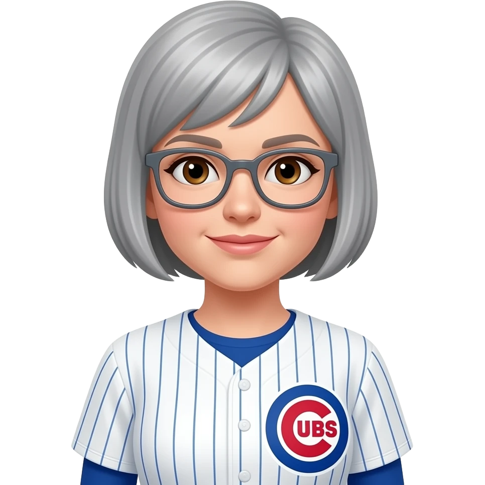 Female, brown eyes, short gray hair, gray glasses, Chicago cubs uniform emoji