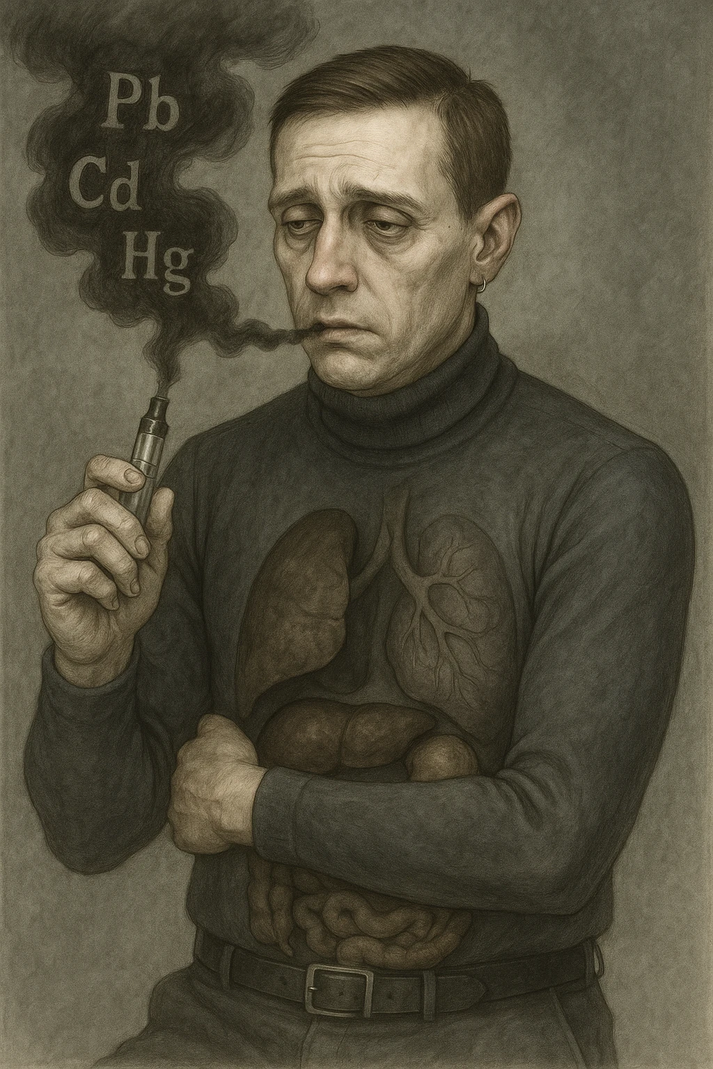 Realistic medical style illustration of a man aged 30-40 years with pale skin, dull eyes, and a tired face, inspired by the reference photo. He holds an electronic cigarette emitting dark smoke with chemical symbols Pb, Cd, Hg. His body is transparent showing dark liver and intestines. The atmosphere is gloomy with metallic colors, realistic medical style. emoji