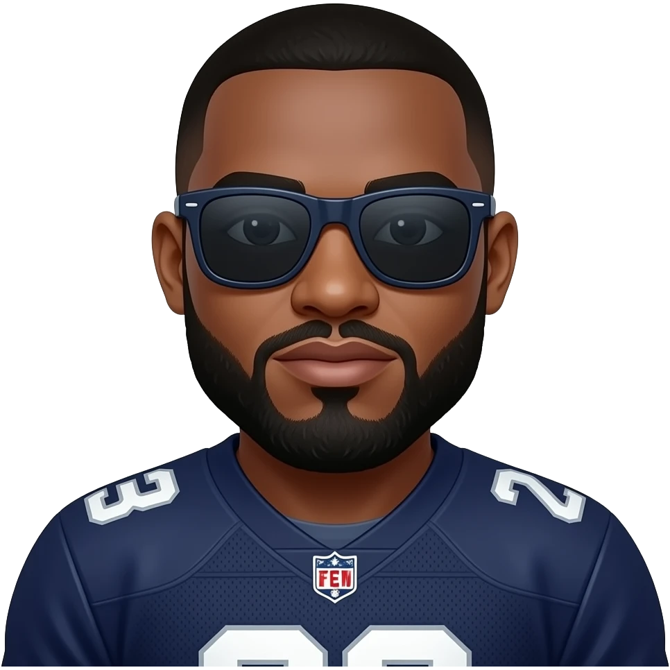 A bald black man with a beard and goatee in dark shades with a football jersey emoji