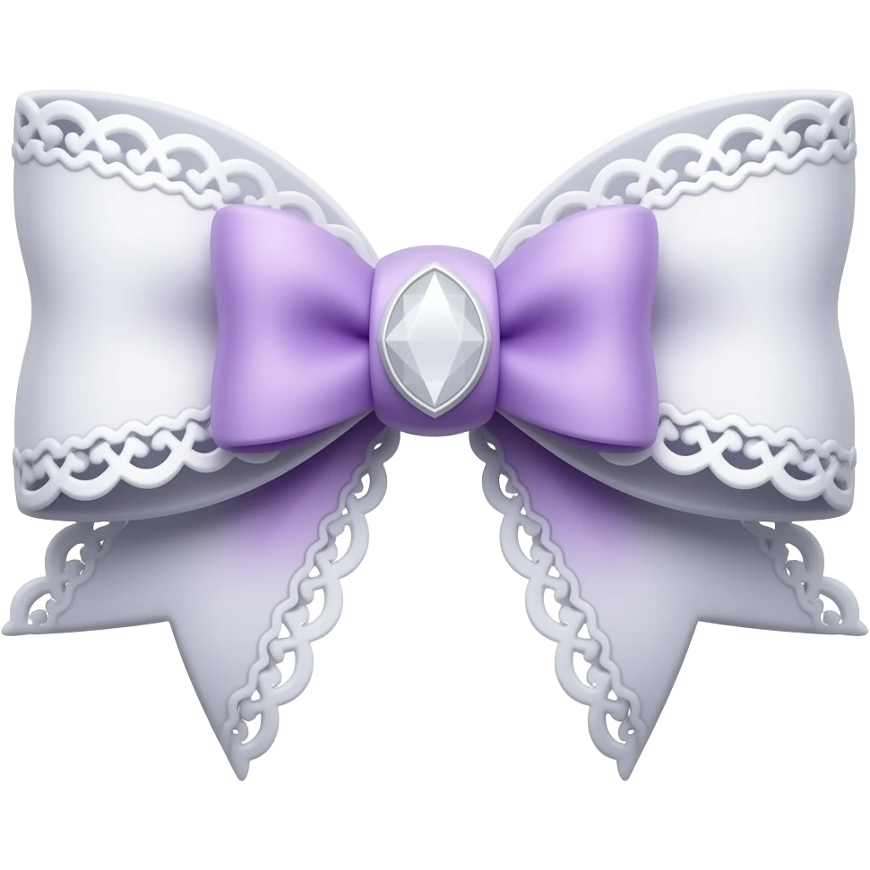 3D emoji gothic bow, white velvet, subtle light purple gradient filigree, white lace trim, white gem, elegant emoji