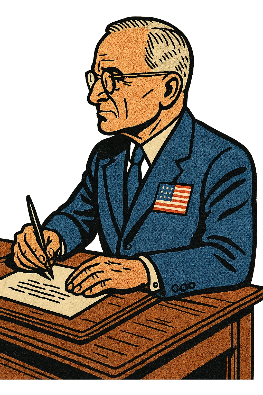 President Truman wearing a blue suit with a large US flag badge sitting down at a desk writing a letter The president should be facing right emoji