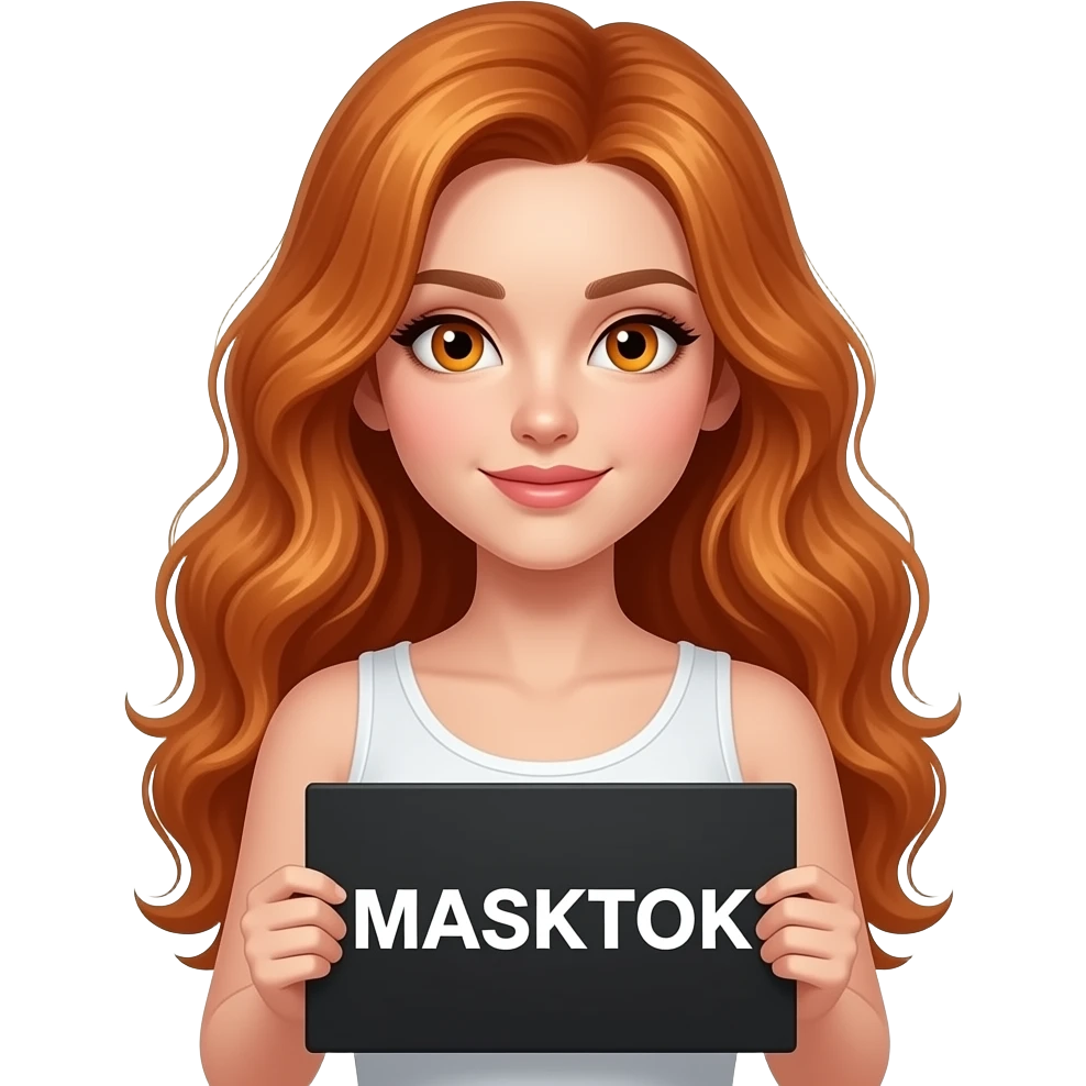sexy girl with long wavy ginger hair and ginger eyes wearing a white tanktop is holding a black colored sign with MASKTOK written on it emoji