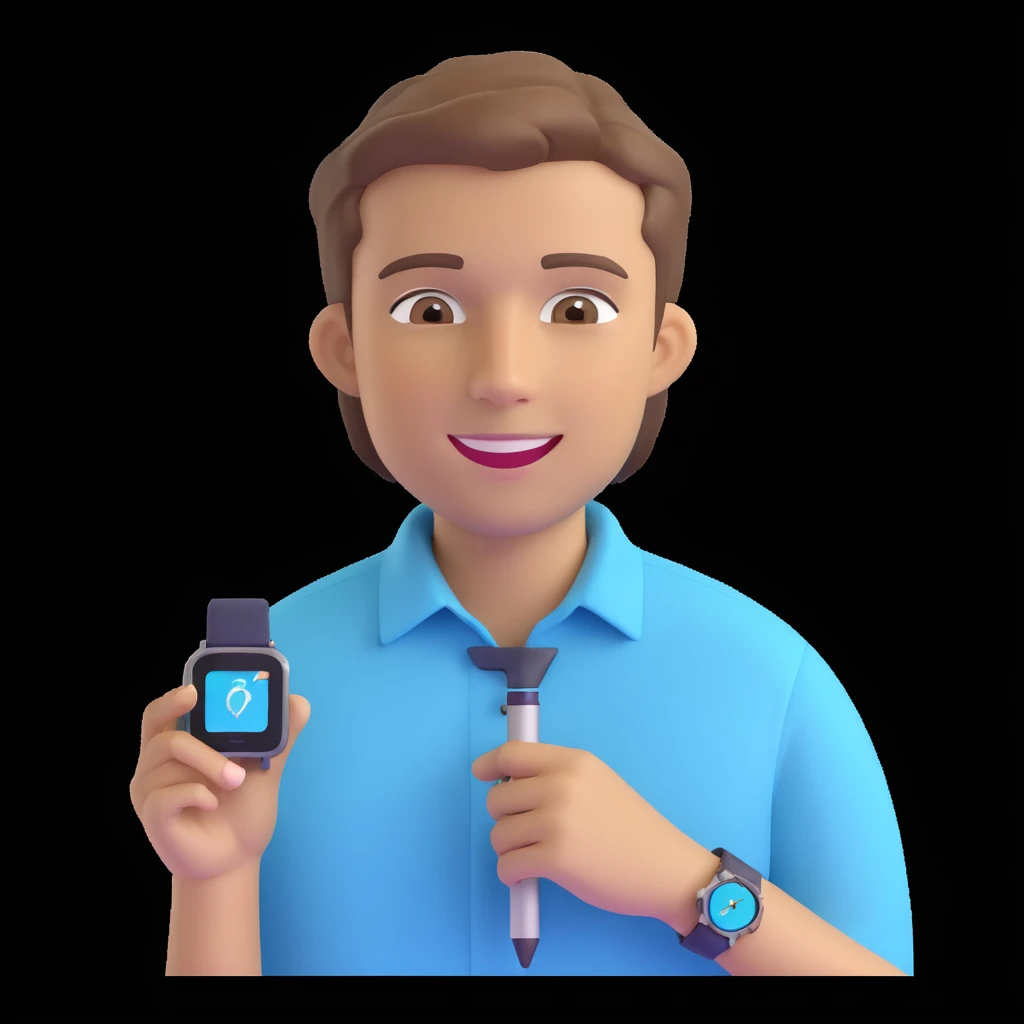 apple-style 3D emoji avatar of a fair, handsome young man with light brown hair, brown eyes, bright smile, wearing pastel blue button-up shirt, digital pen behind one ear, smartwatch, creative tech-savvy vibe, dark background emoji