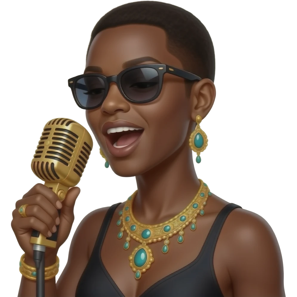 black singer with jewelry and sunglasses singing into microphone emoji