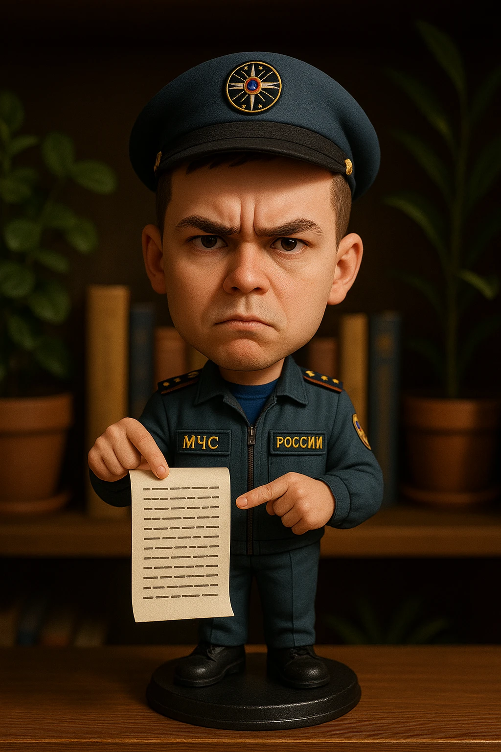 Недовольный и молодой проверяющий в форме российского МЧС показывается нам длинный список требований записанный на листе с бумагой. Это список он держит в одной руке, а другой рукой указательным пальцем он указывает на него emoji