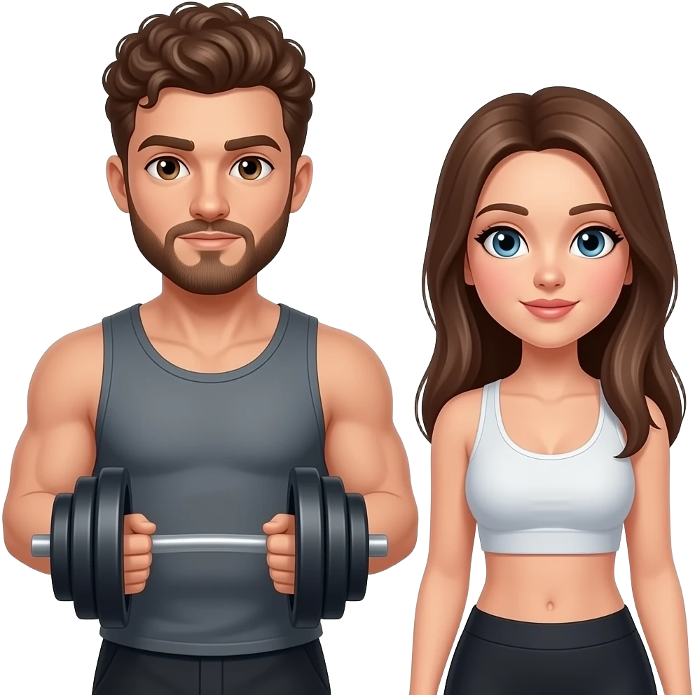 Realistic white man brown super short curly hair with beard working out with realistic white woman brown long straight hair aesthetic emoji