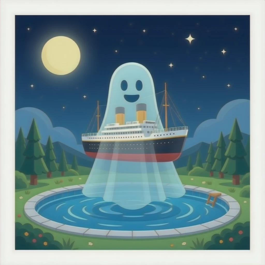 the ghostly ship Titanic hovers in the night sky above a pool of water emoji