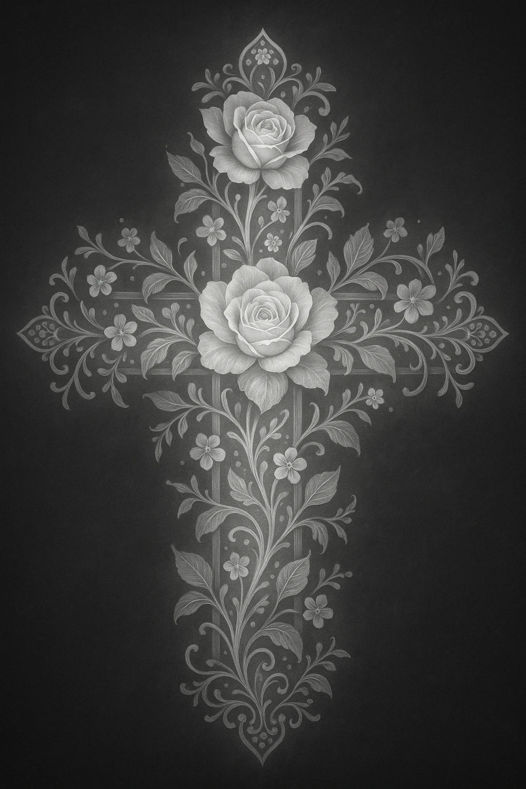 a luminous grey flower cross, highly detailed, with delicate floral elements emoji