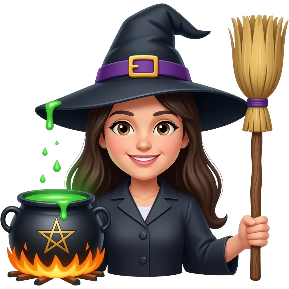 Witch, cauldron, pentagram, broomstick emoji