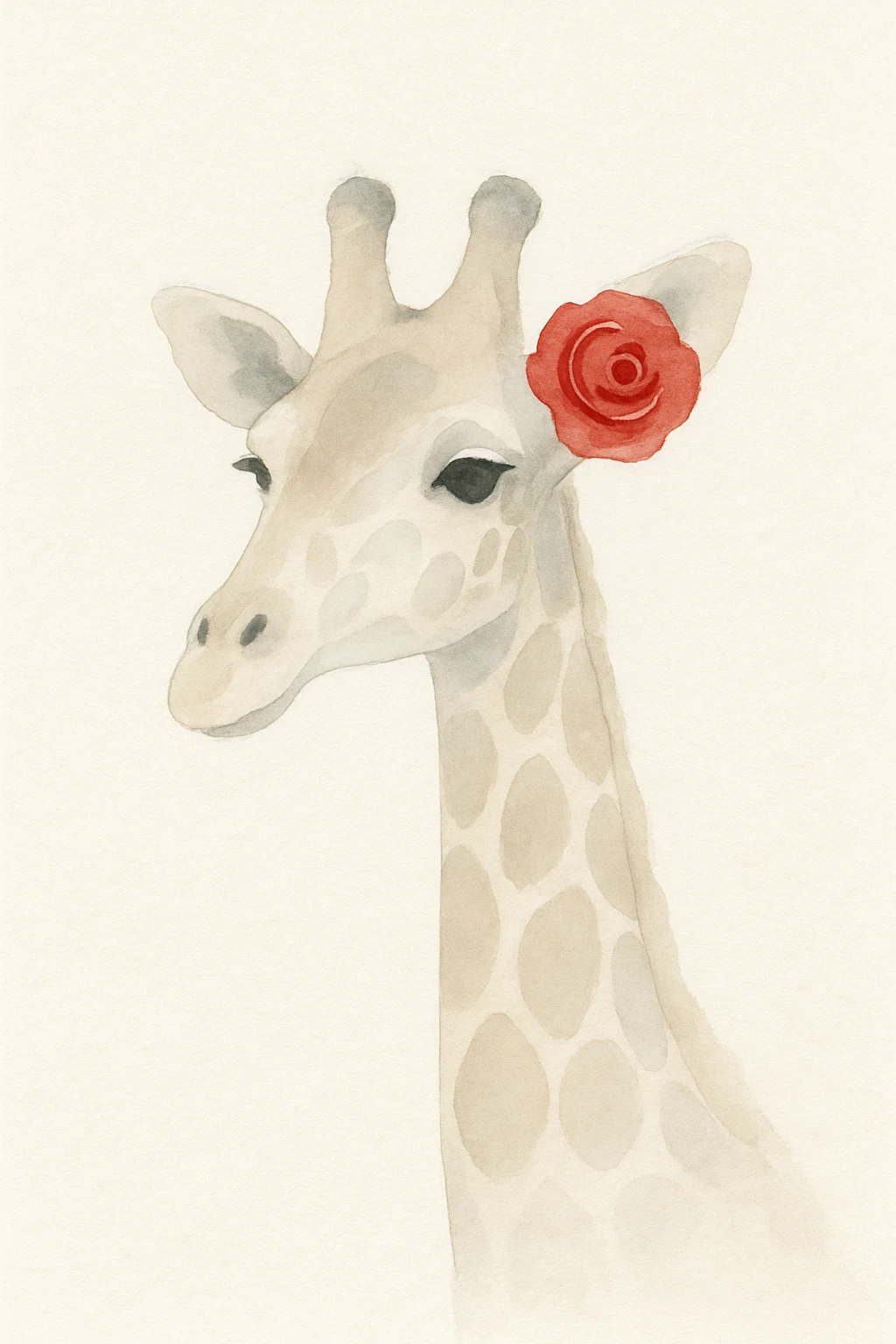 giraffe with a red rose behind her ear, rendered in a soft, realistic watercolor style emoji