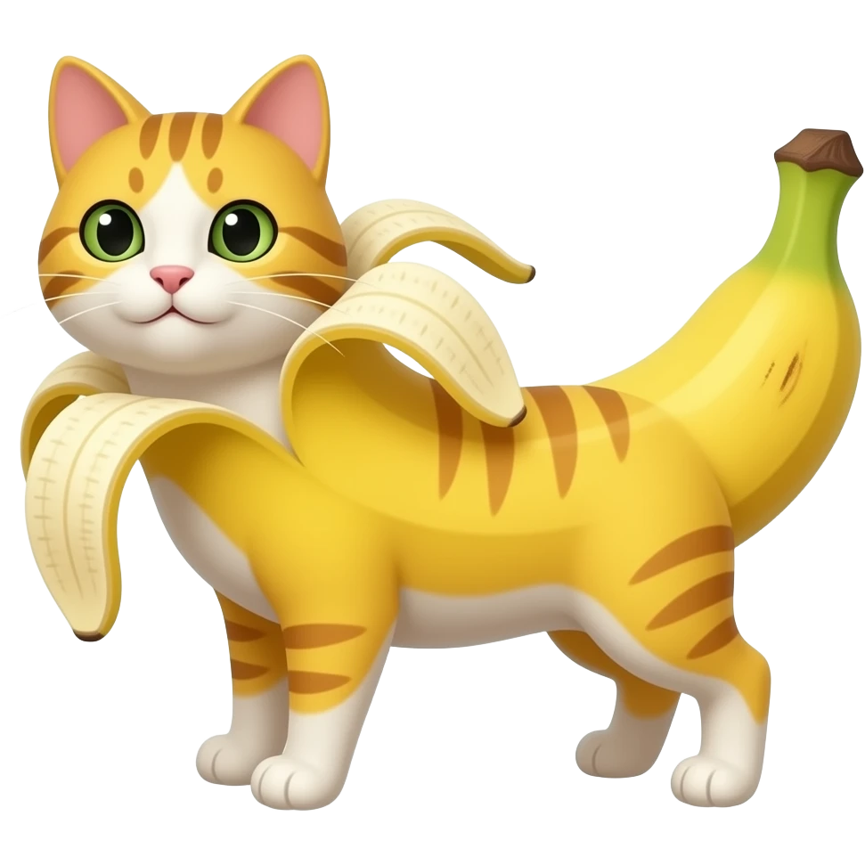 A banana with arms and legs and a cat face with cat arms and legs emoji