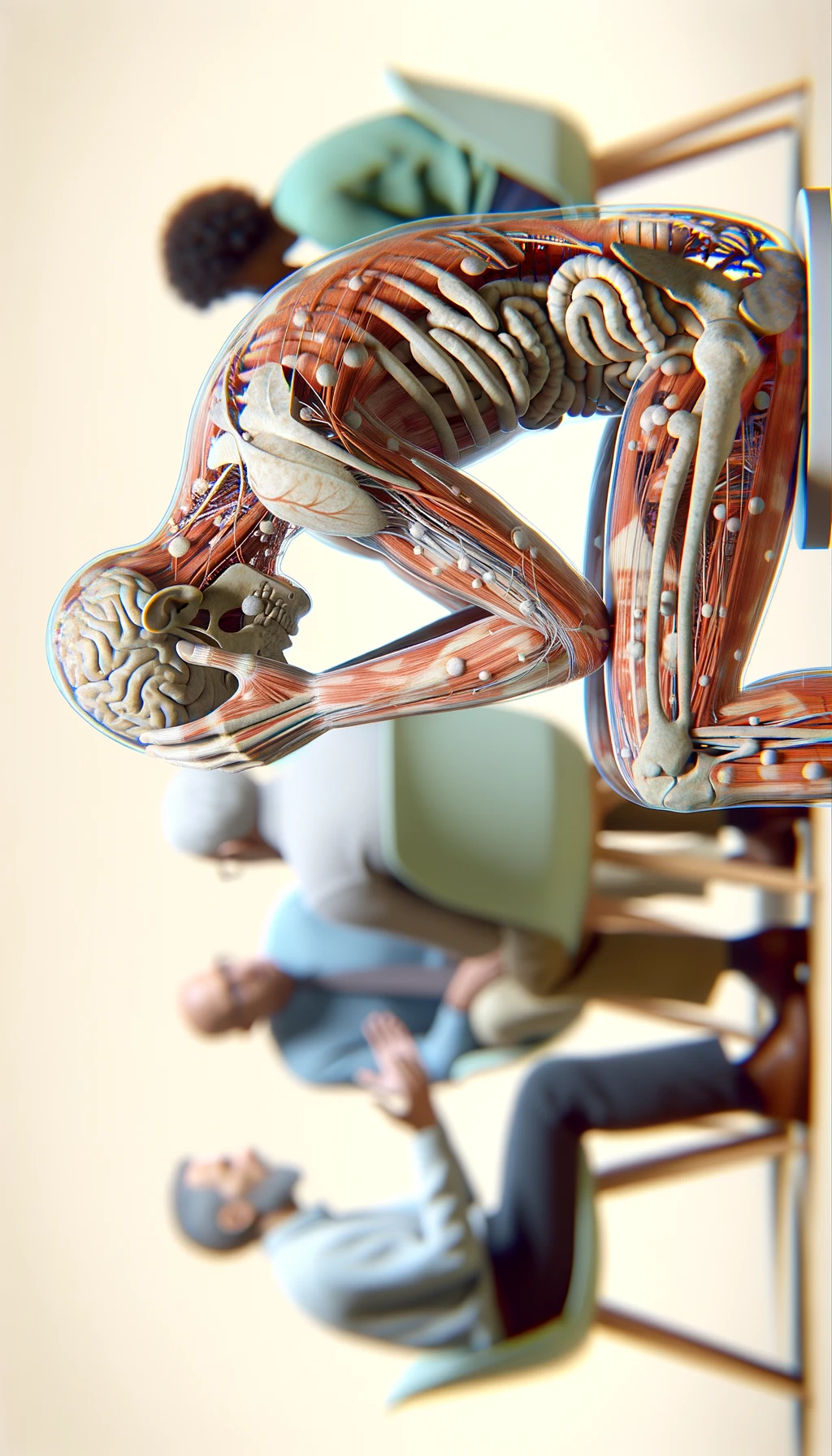 CORPO UMANO ANATOMICO SEDUTO a casa sua con intestinoa anatomico visibile CON PERSONE SFOCATE SULLO SFONDO CHE GLI PARLANO contro E LO ASSILLANO, LUI SI TIENE LE MANI SULLA TESTA ED è MOLTO STANCO E STRESSATO: non riesce ad ascoltare tutti quelli che gli stanno parlando, sfondo sul beige chiaro, IPERREALISTICO 4K emoji