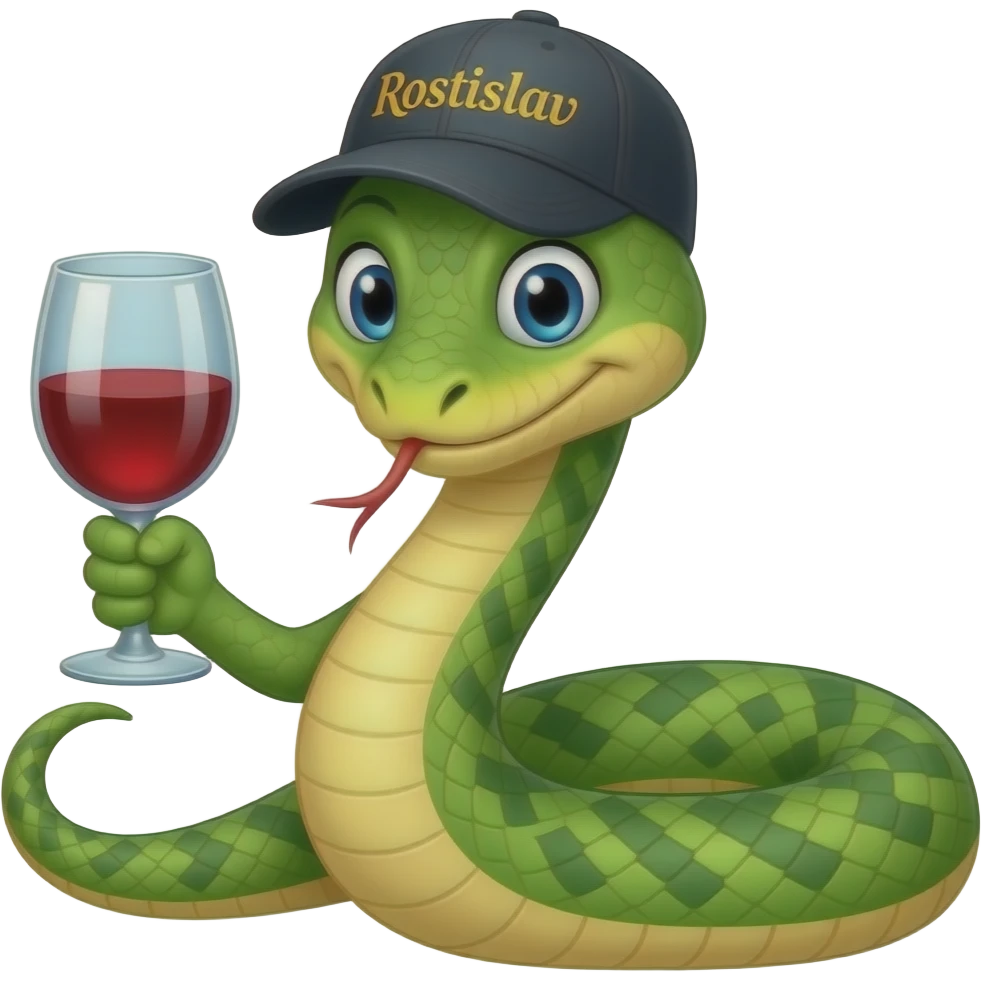 A snake in a cap with the inscription Rostislav in one hand holds a glass of wine in the other, nothing emoji