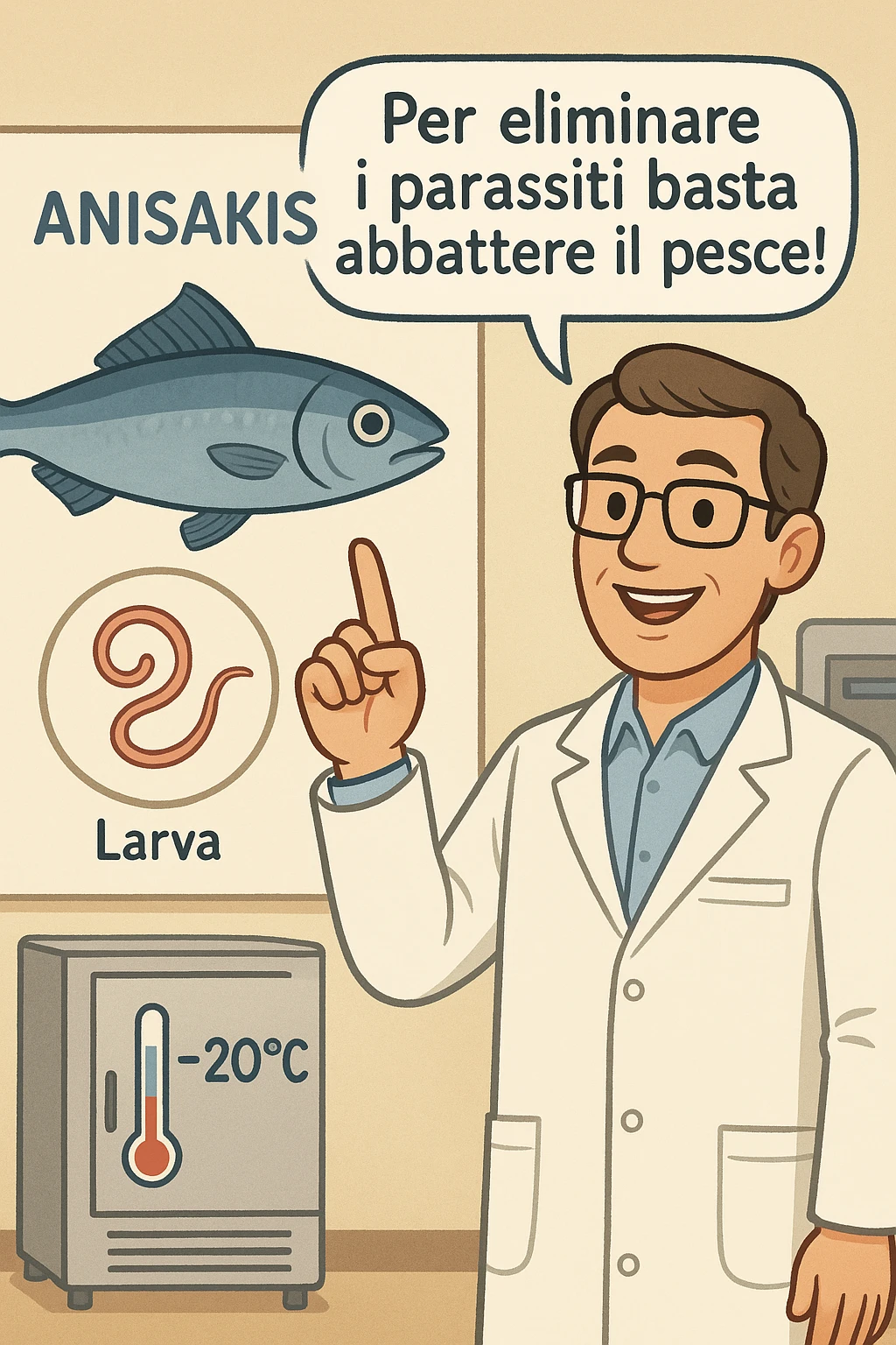  a scientist in a white lab coat stands beside a large poster showing a fish and a diagram of the Anisakis parasite. The scientist points to a speech bubble that says, “Per eliminare i parassiti basta abbattere il pesce!” In the background, a blast freezer is visible, with a temperature gauge set to -20°C. The mood is informative and reassuring. In italiano emoji