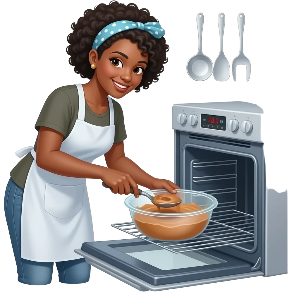 a black woman putting brownie batter into a open oven emoji