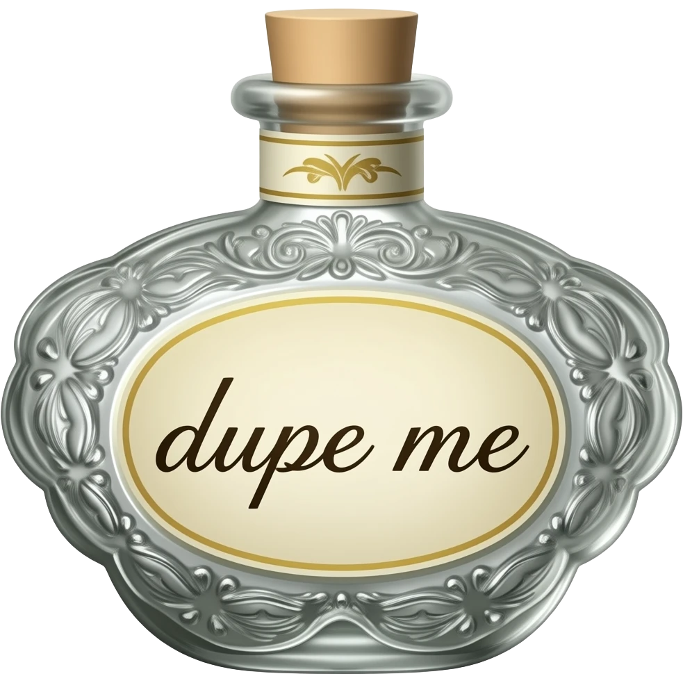 Elegant ornate bottle with dupe me in cursive emoji