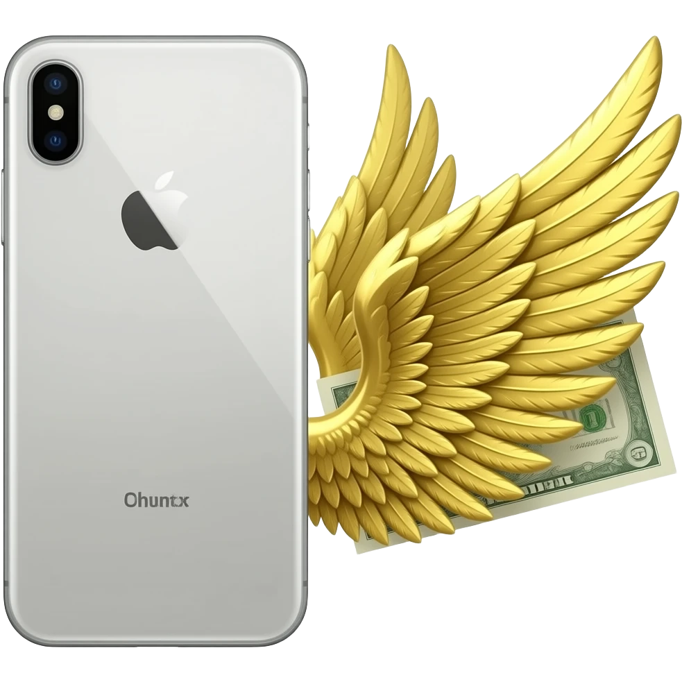 An iPhone is placed next to a banknote with wings on it emoji