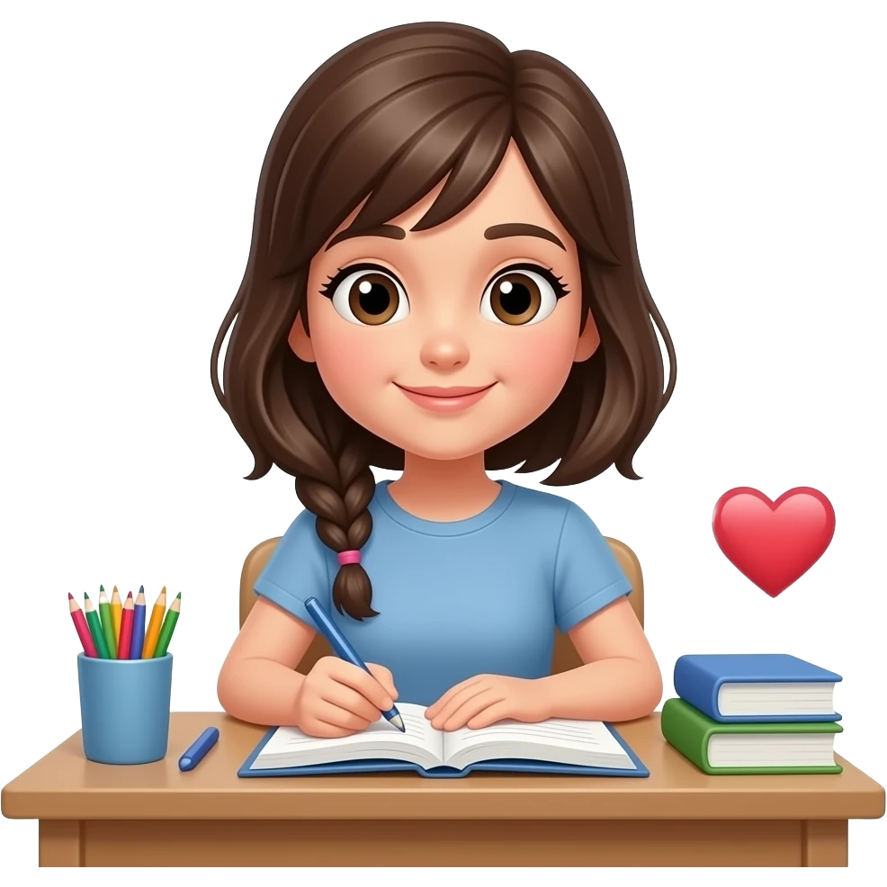 Girl brunette pale skin studing, and with whatasapp style emoji
