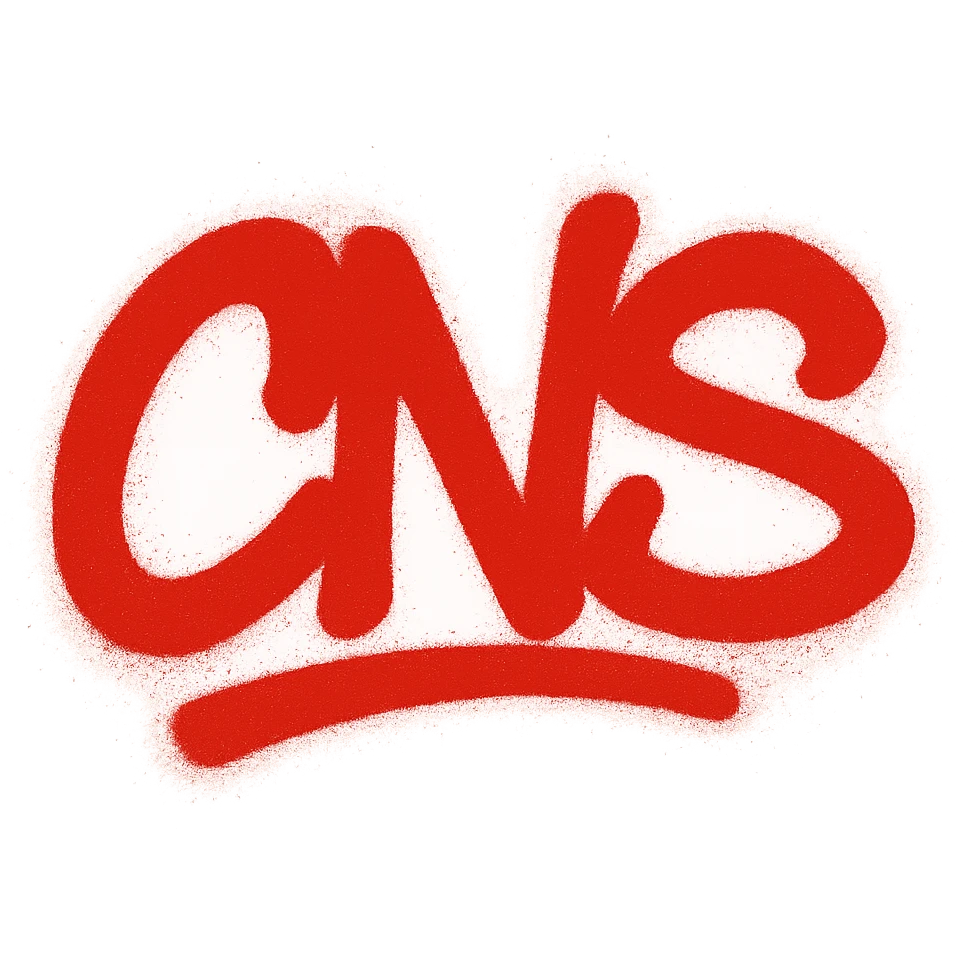 Сделай красное граффити с надписью "CNS" в стиле emoji iOS без фона emoji