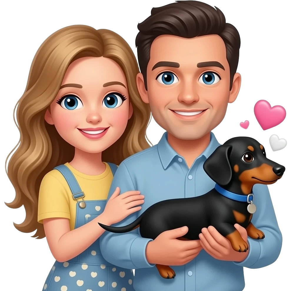 Cute Caucasian hugging  male with dark hair, female with blonde hair with pink and white hearts holding one miniature black and tan dachshund with blue collar emoji