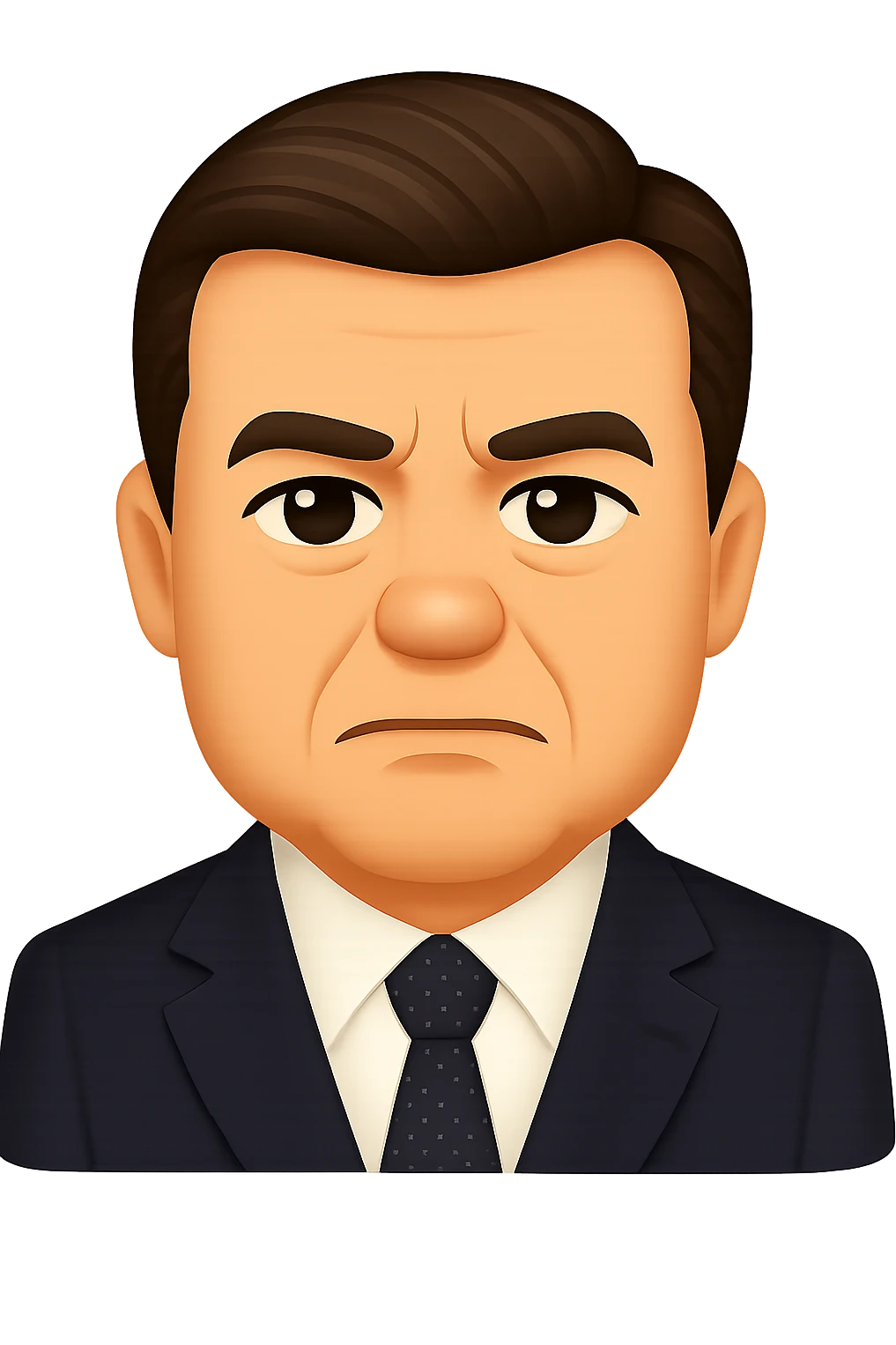Create an iPhone emoji style portrait of a person closely resembling the face in the reference photo. The person is wearing a formal suit and has a serious expression. The background should be removed (no background). emoji