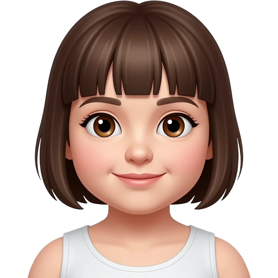 Una niña piel blanquita rellenita con fleco cabello corto y color castaño ojos color cafes emoji