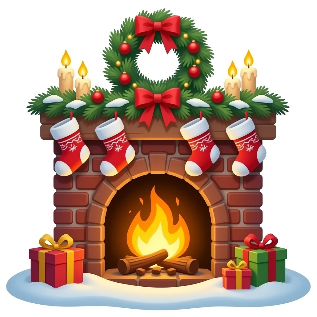 a burning fireplace made of brick or wood. There is a bright fire with soft flames in the fireplace, and you can add Christmas decor on top – fir branches, candles or socks for gifts emoji