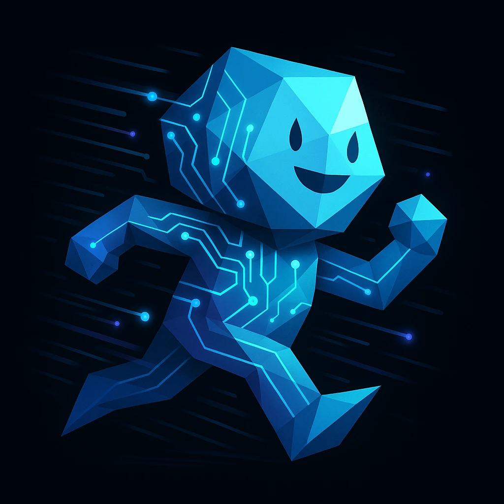 geometric abstract mascot with subtle facial features, integrated neon circuit patterns and digital accents, dynamic motion lines and glowing effects, tech-inspired palette of blues, cyans, purples on black, modern professional creative tech portfolio emoji
